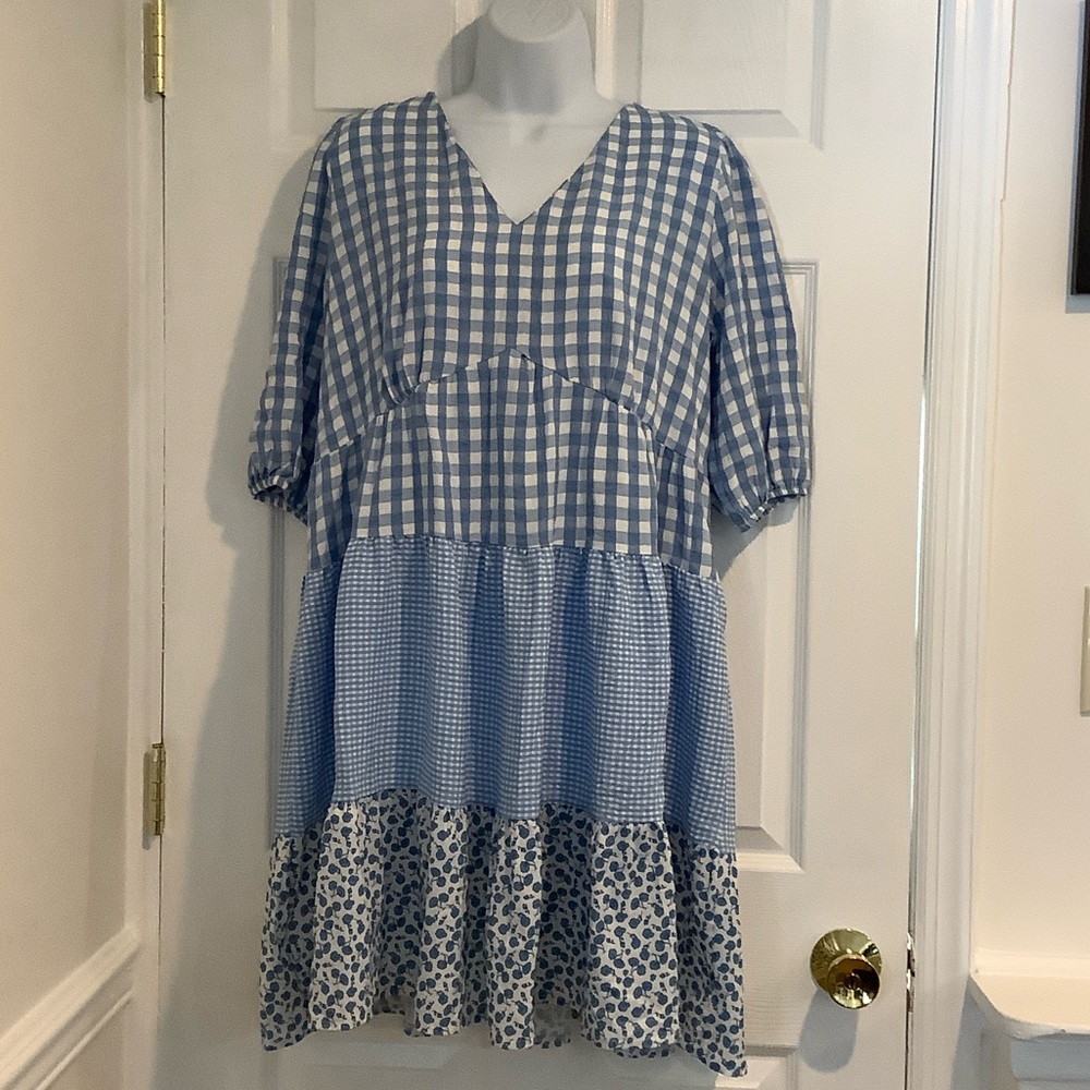 KEYYMOD Womens Blue/White Checkered Farm Girl Patchwork Cottagecore Dress XL